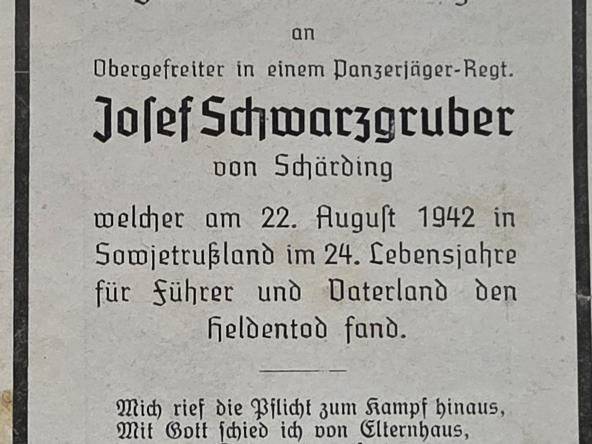 Sterbebild Obergefreiter Schärding 8. Komp. Panzer-Regt. 24 Morosoff Russland