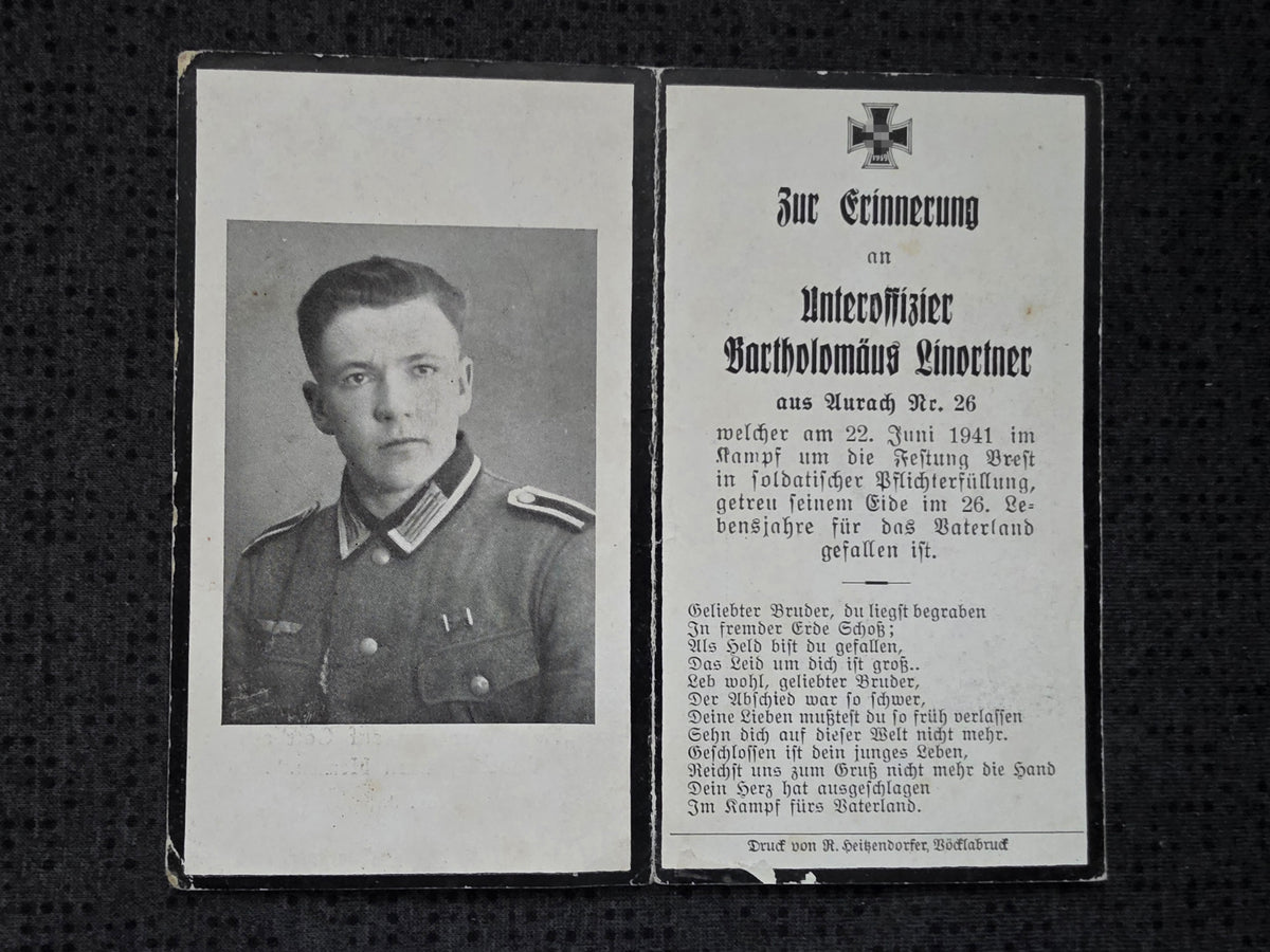 Sterbebild Unteroffizier Aurach 1. Komp. Inf. Regt. 130 Festung Brest Litowsk Unternehmen Barbarossa Weissrussland