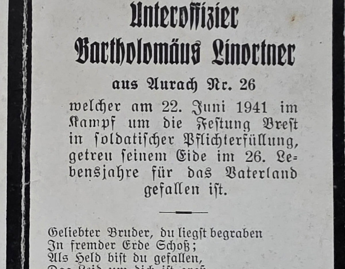 Sterbebild Unteroffizier Aurach 1. Komp. Inf. Regt. 130 Festung Brest Litowsk Unternehmen Barbarossa Weissrussland