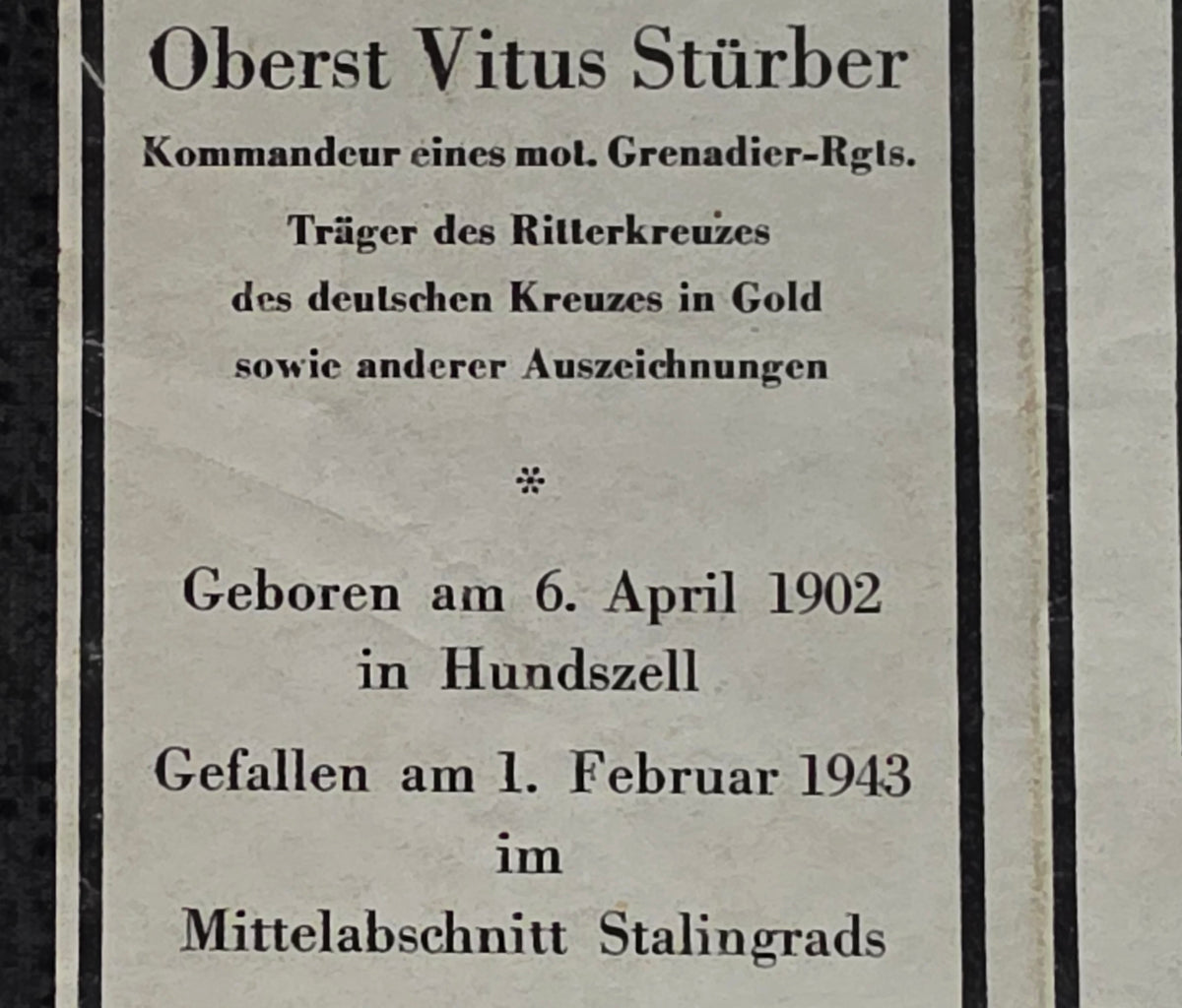 Sterbebild Oberst Hundszell Stab Gren. Regt. 71 Ritterkreuz DKiG Stalingrad Russland