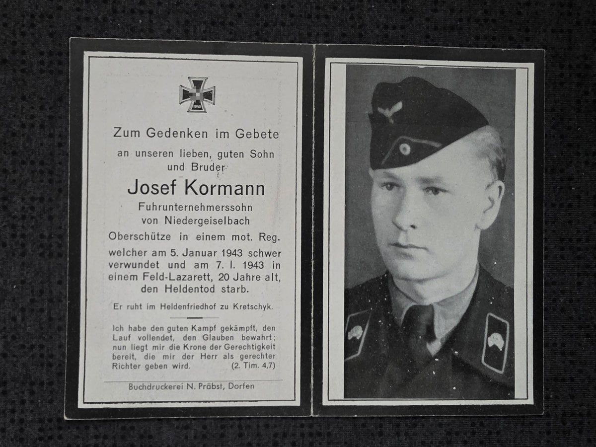 Sterbebild Oberschütze Niedergeiselbach Panzer Regt. Feldlaz. 294 Kertschik Russland