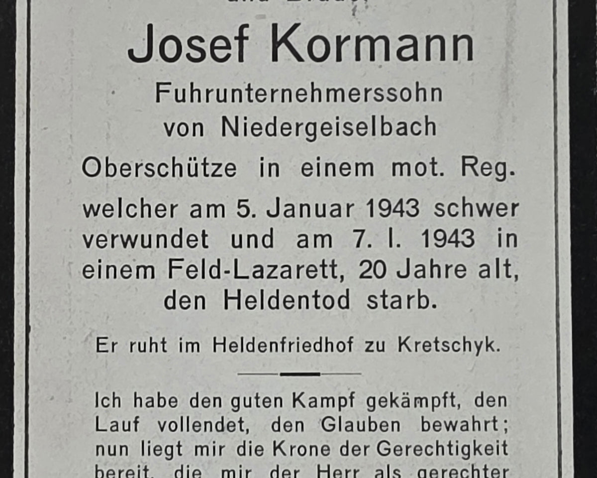 Sterbebild Oberschütze Niedergeiselbach Panzer Regt. Feldlaz. 294 Kertschik Russland