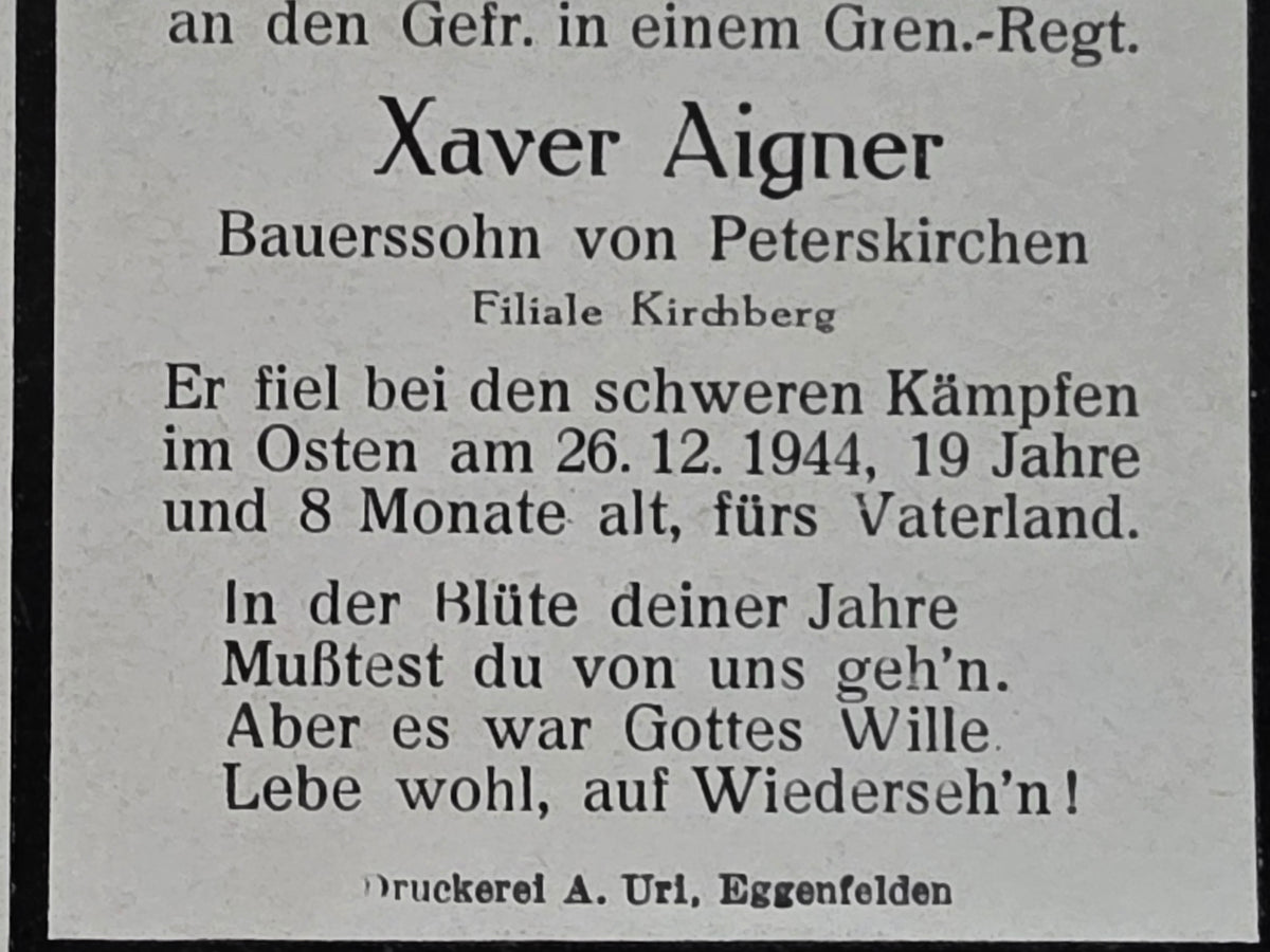Sterbebild Gefreiter Peterskirchen Grenadier Regt. Dagda Saldus Lettland