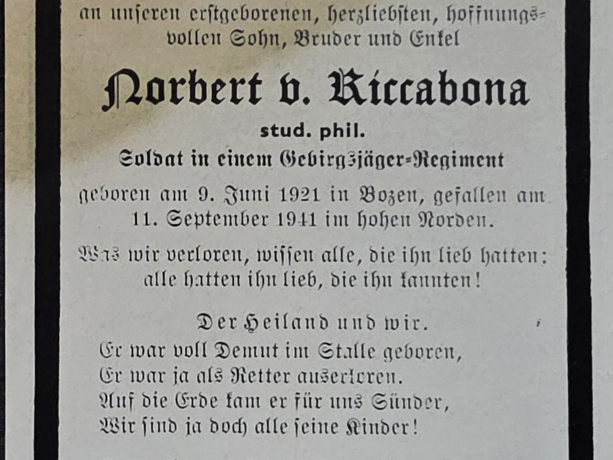 Sterbebild Jäger Bozen 11. Gebirgs-Jäger Regt. 136 Hoher Norden Grünhanghöhe Eismeerfront Parkkina Finnland