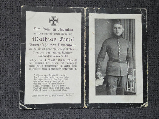 Sterbebild Soldat Deutenheim 3. Komp. Inf. Regt. 20 Moreuil Amiens Frankreich