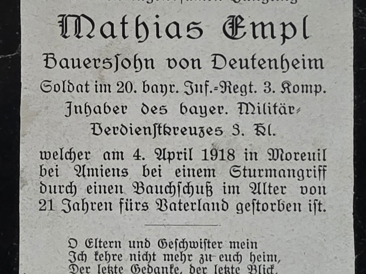 Sterbebild Soldat Deutenheim 3. Komp. Inf. Regt. 20 Moreuil Amiens Frankreich