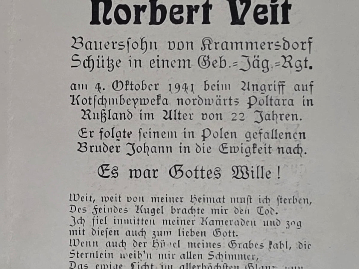 Sterbebild Brüder Kramersdorf Schütze 6. Komp. Inf. Regt. 85 Osse Polen 1939 Geb.-Jäger Regt. Ukraine