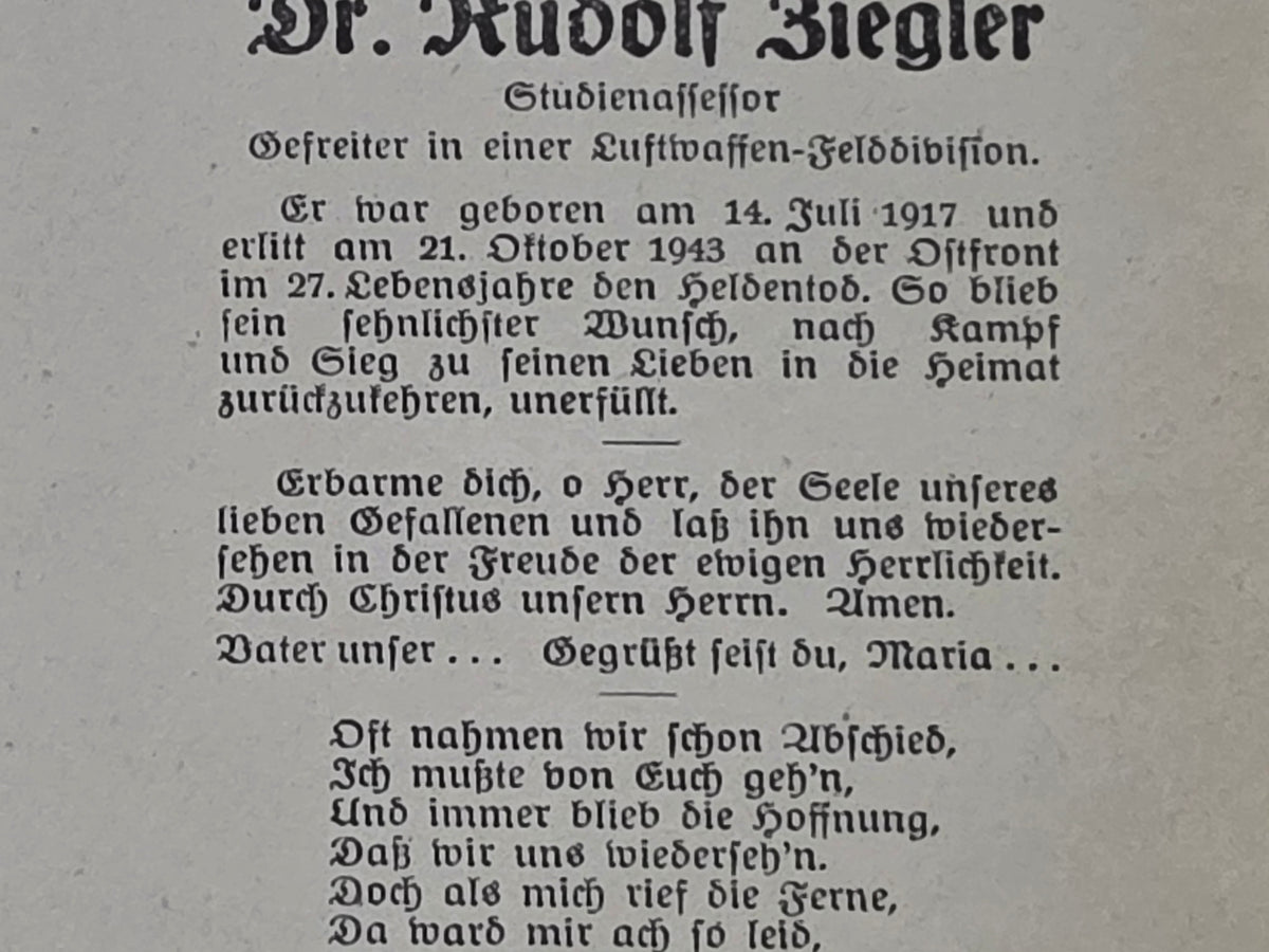 Sterbebild Gefreiter Großsichdichfür (Velká Hleďsebe) LW-Jäger Regt. 41 Minzewa Russland