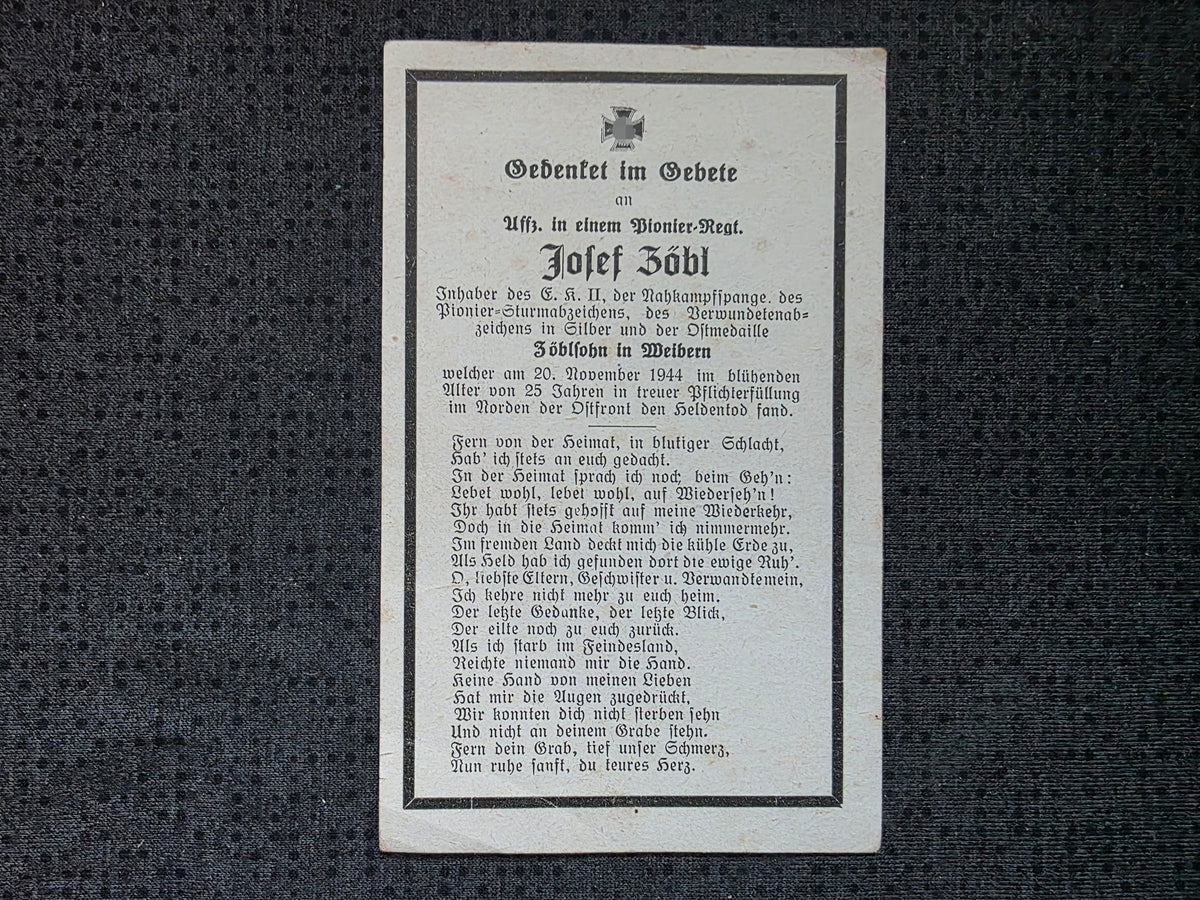 Sterbebild Unteroffizier Weibern Pionier Regt. NKS Pionier-Sturm Abz. Norden Ostfront