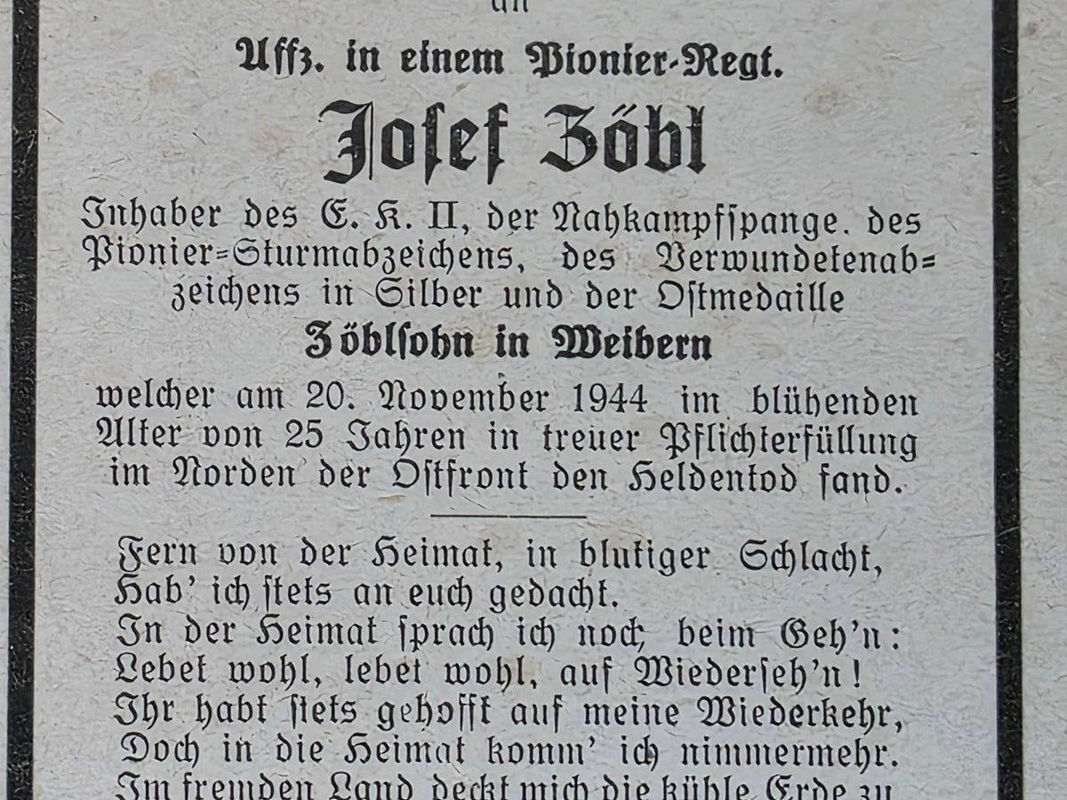 Sterbebild Unteroffizier Weibern Pionier Regt. NKS Pionier-Sturm Abz. Norden Ostfront