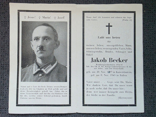 Sterbebild Obergefreiter Kaiserslautern WK I Veteran 1. FM Abt. 6 Turin Italien