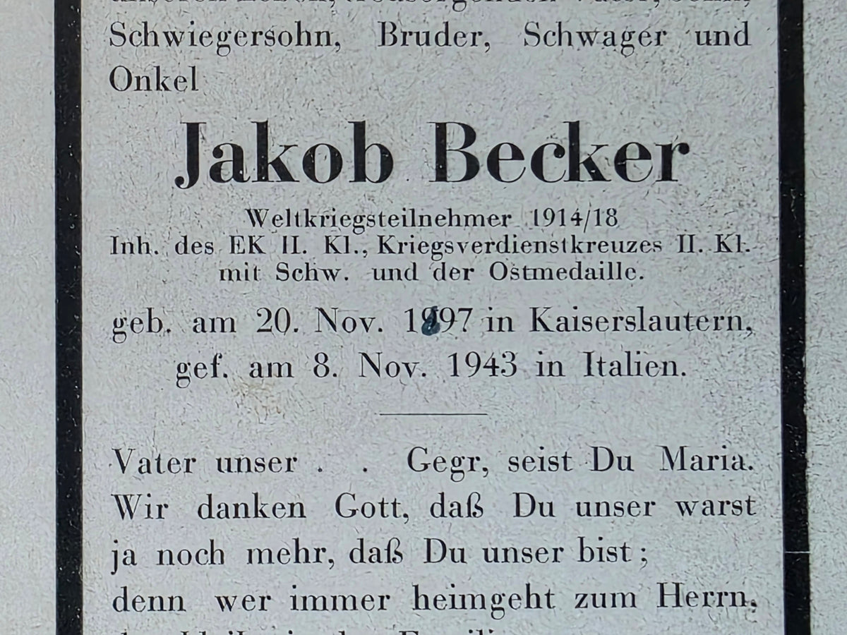 Sterbebild Obergefreiter Kaiserslautern WK I Veteran 1. FM Abt. 6 Turin Italien