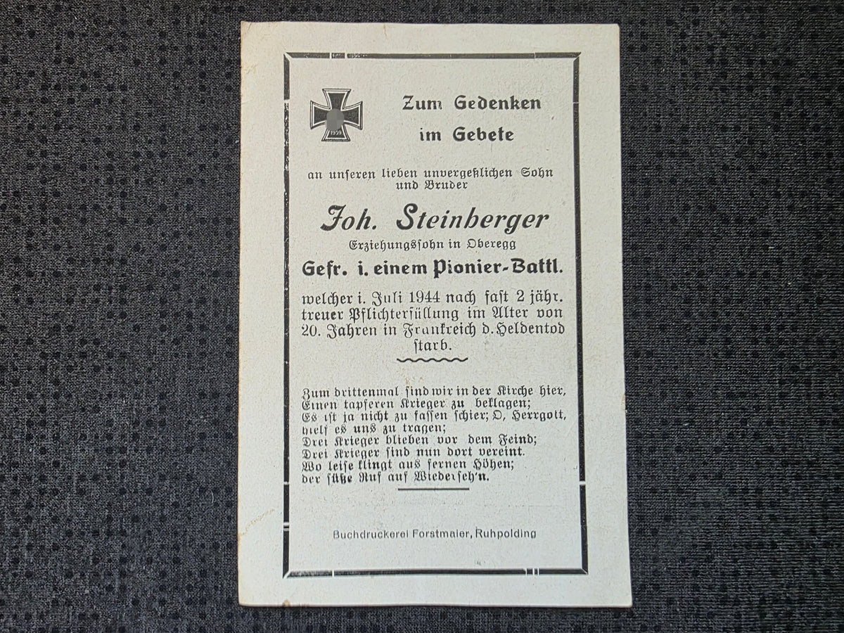 Sterbebild Gefreiter Ruhpolding 2. Panzer-Pio. Btl. 220 Mézidon-Canon Normandie Frankreich