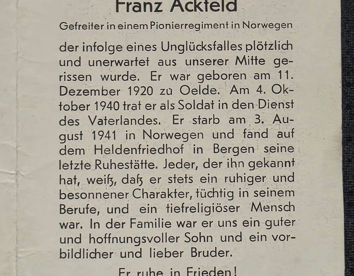 Sterbebild Gefreiter Oelde 1. Pionier Btl. 169 Foresvik Haugesund Bergen Norwegen