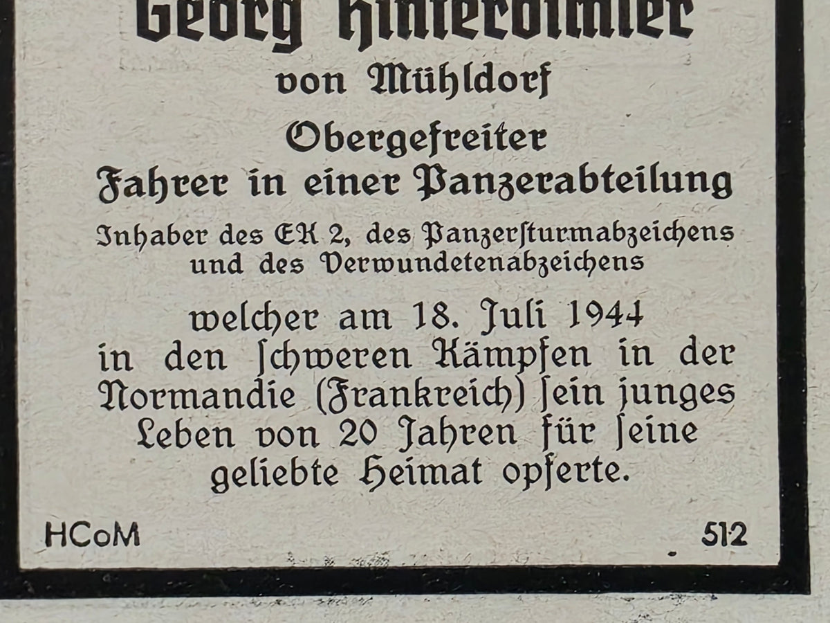 Sterbebild Obergefreiter Mühldorf Fahrer Panzer Regt. PSA Émiéville La Cambe Normandie Frankreich