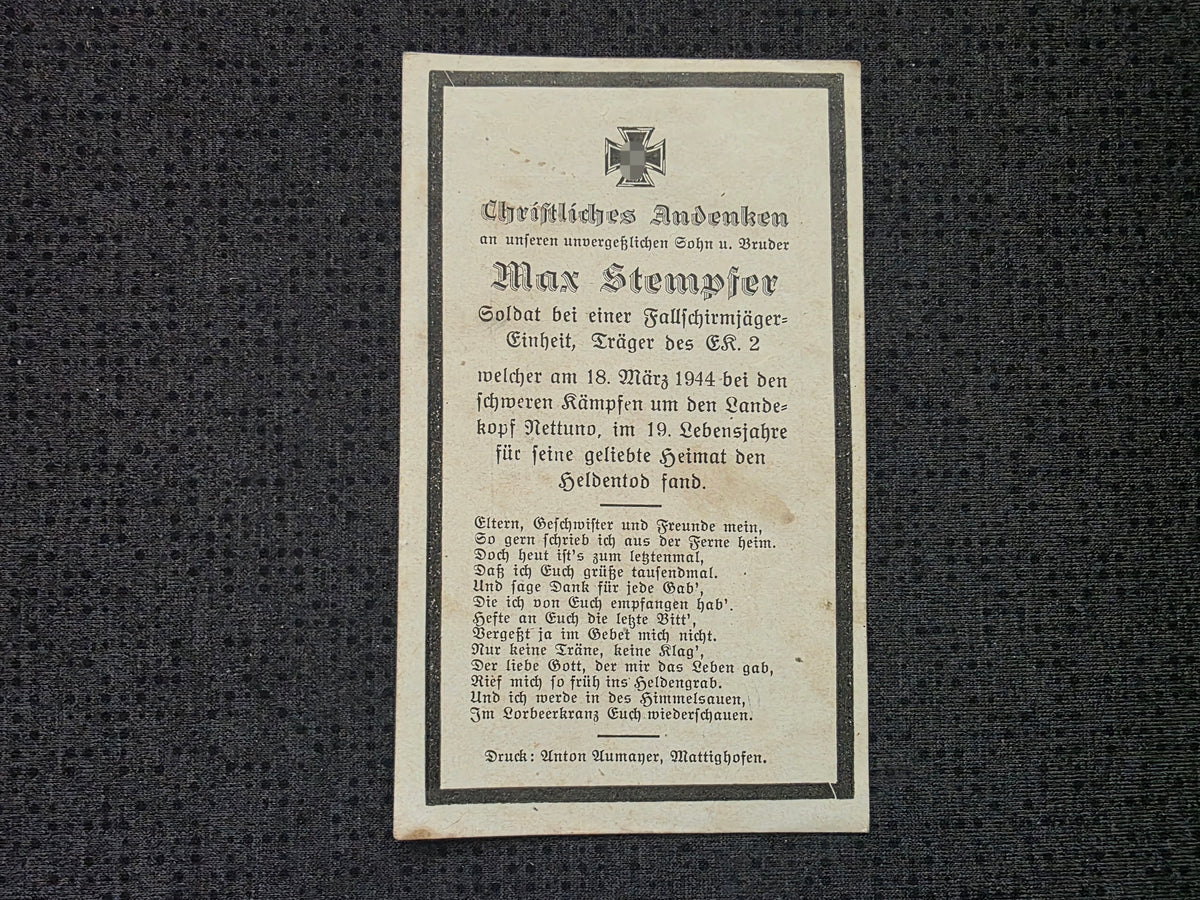 Sterbebild Jäger Geboltskirchen 7. Komp. Fallschirmjäger Regt. 11 Landekopf Nettuno Italien