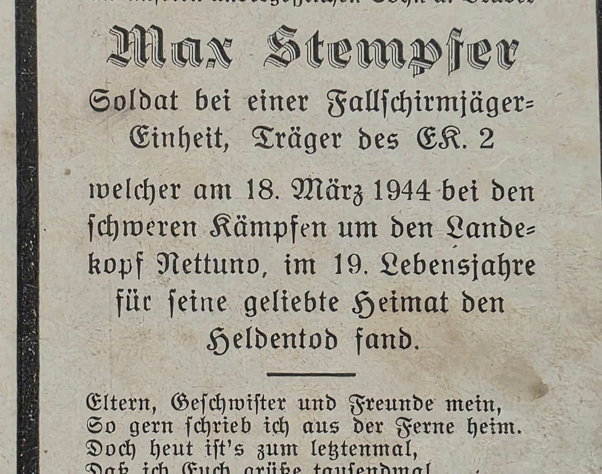 Sterbebild Jäger Geboltskirchen 7. Komp. Fallschirmjäger Regt. 11 Landekopf Nettuno Italien
