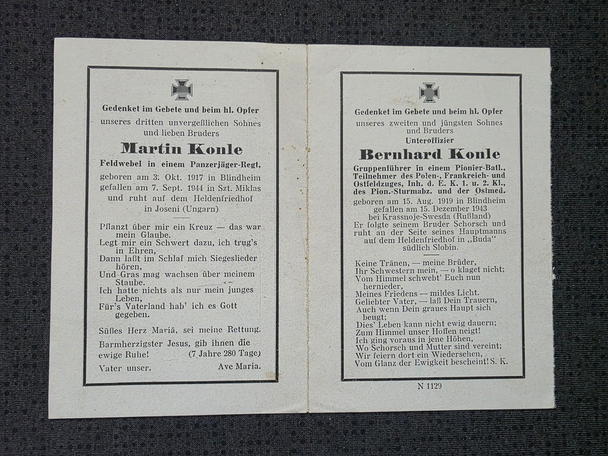Sterbebild Brüder Blindheim Unteroffizier Gruppenführer Heeres-Pio. Btl. 268 Feldwebel Panzerjäger Abt. Gyergyószentmiklós Ungarn