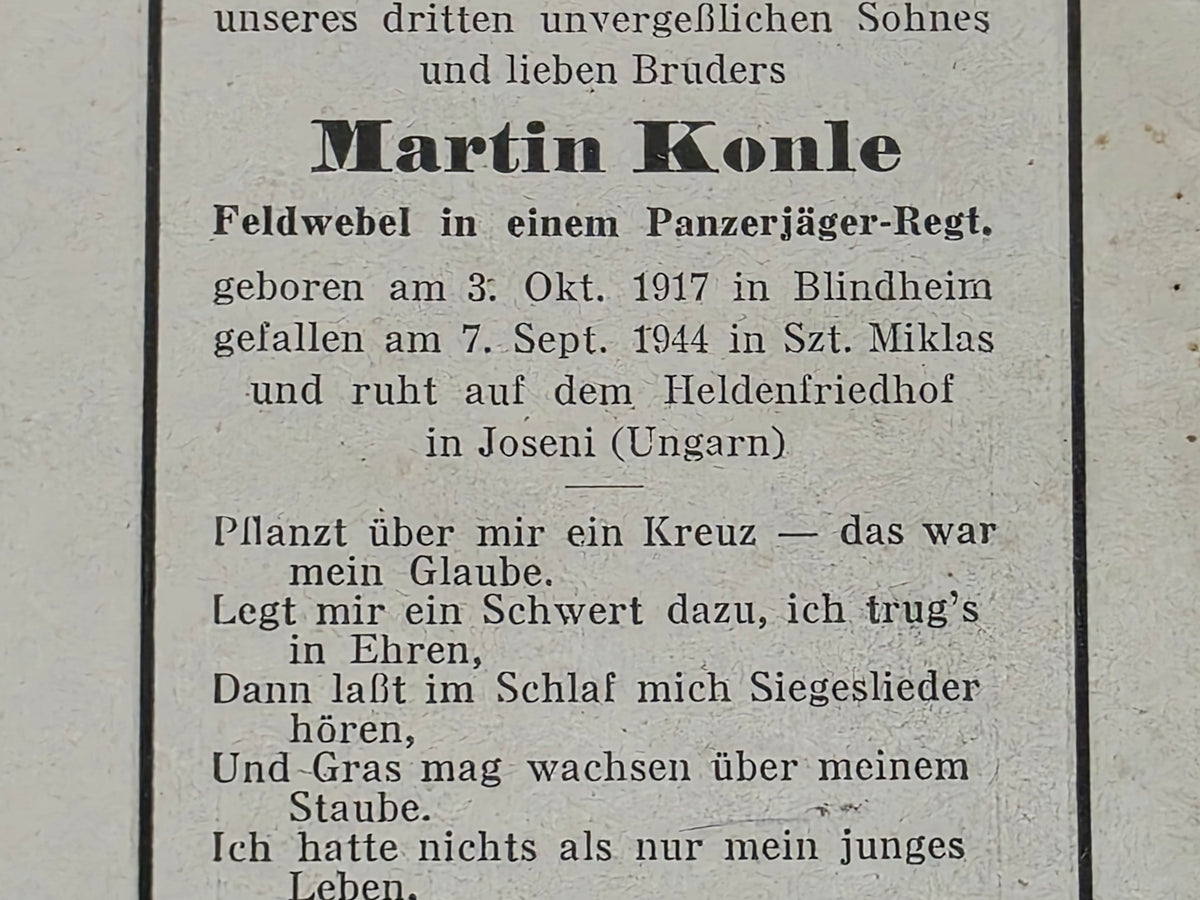 Sterbebild Brüder Blindheim Unteroffizier Gruppenführer Heeres-Pio. Btl. 268 Feldwebel Panzerjäger Abt. Gyergyószentmiklós Ungarn