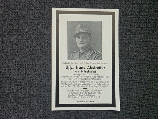 Sterbebild Unteroffizier Münchsdorf Afrika-Korps DAK Tapferkeitsmed. El Alamein Ägypten Tunesien - www.mmilitaria.com