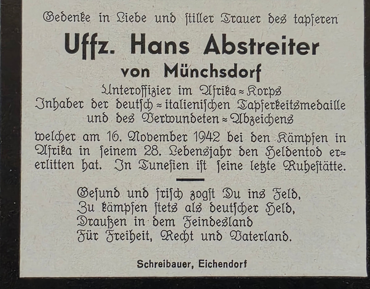Sterbebild Unteroffizier Münchsdorf Afrika-Korps DAK Tapferkeitsmed. El Alamein Ägypten Tunesien