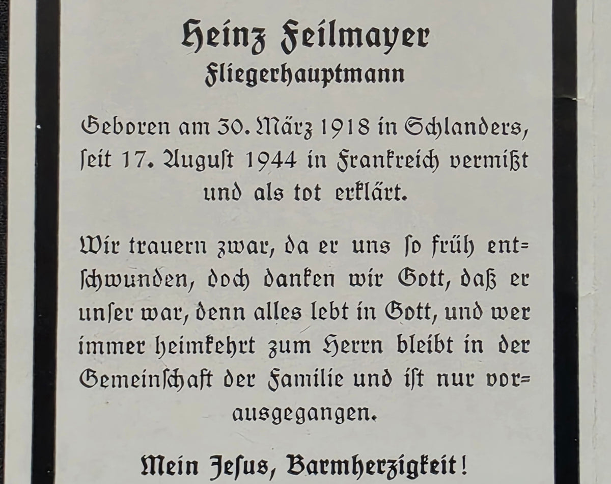 Sterbebild Hauptmann Schlanders Pilot Staffelkapitän 4.(F)/Aufkl. Gruppe 123 DKiG Dreux Normandie Frankreich