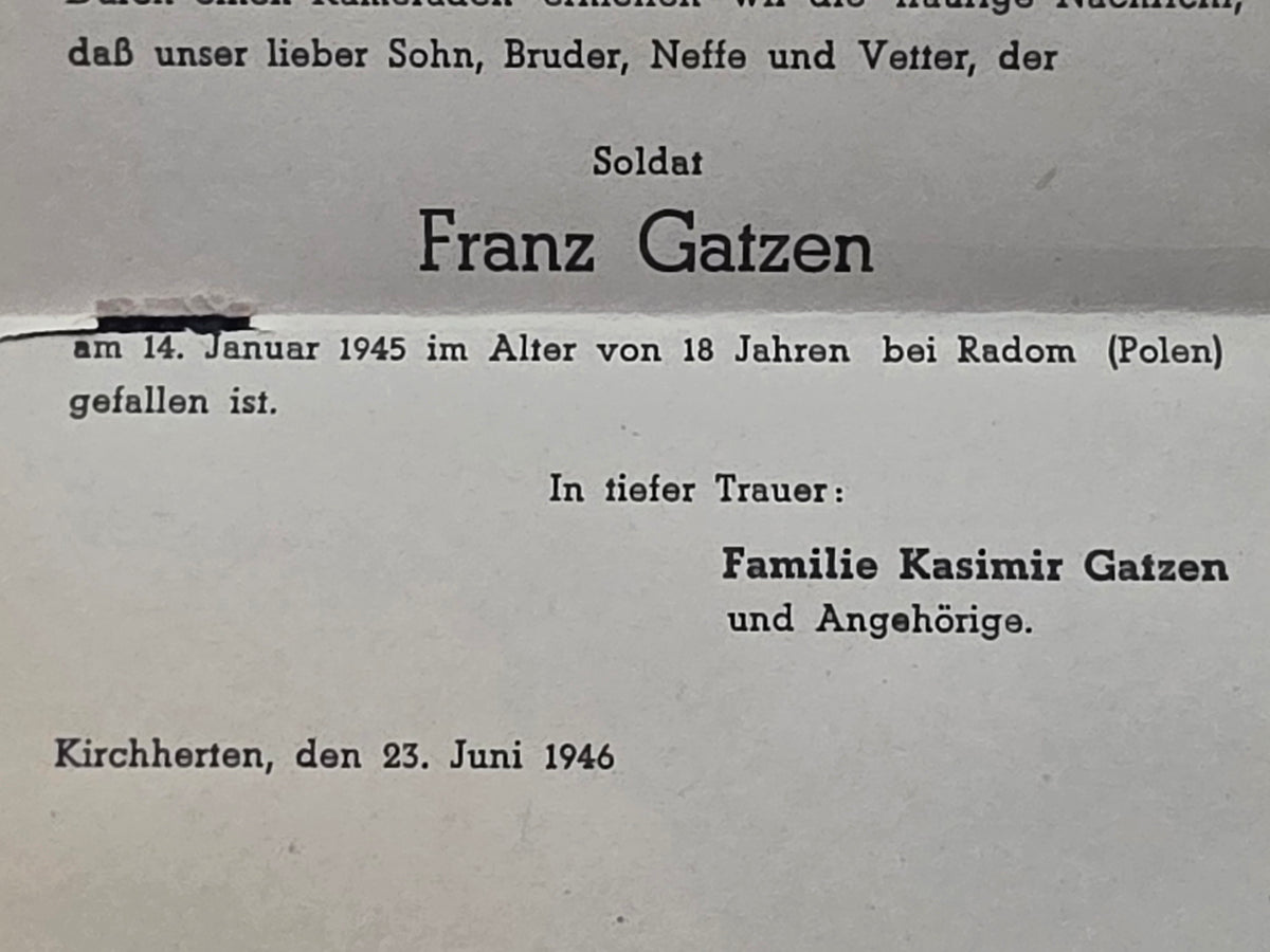 Sterbebild (Trauerkarte) Schütze Kirchherten Endkampf Radom Polen