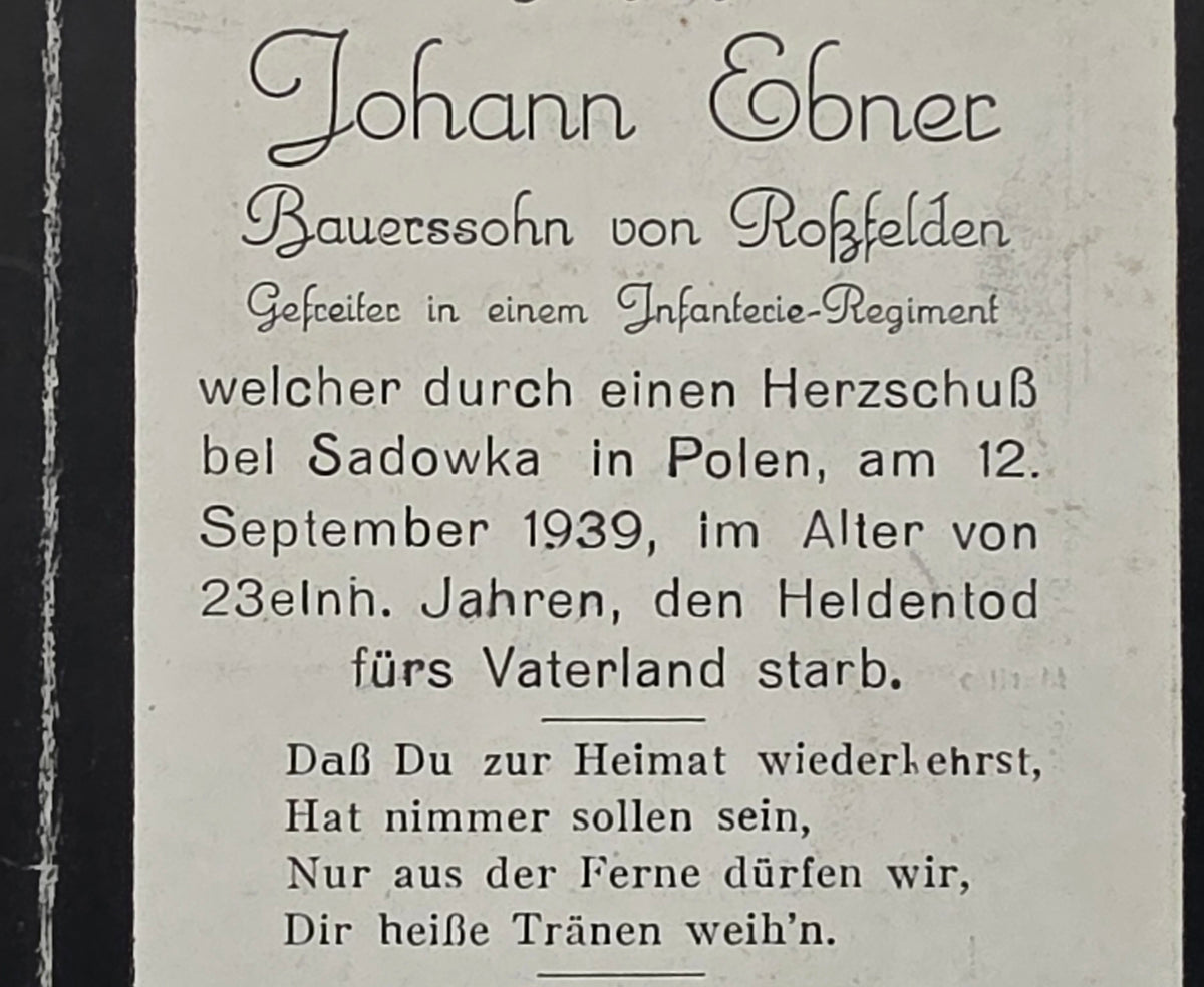 Sterbebild Gefreiter Roßfelden 12. Komp. Inf. Regt. 85 Sadowka Polen 12.09.1939