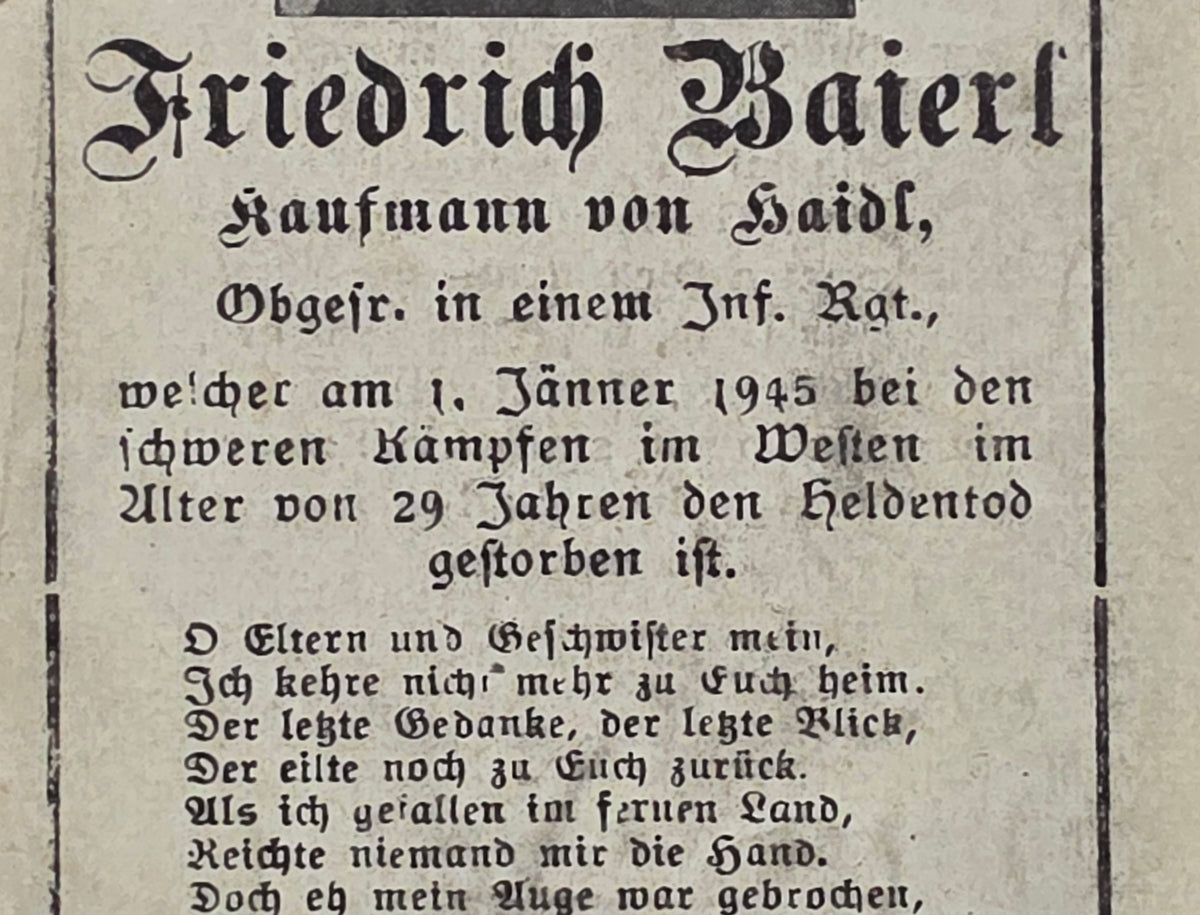 Sterbebild Obergefreiter Haidl Infanterie Regt. Endkampf Pirmasens Westen