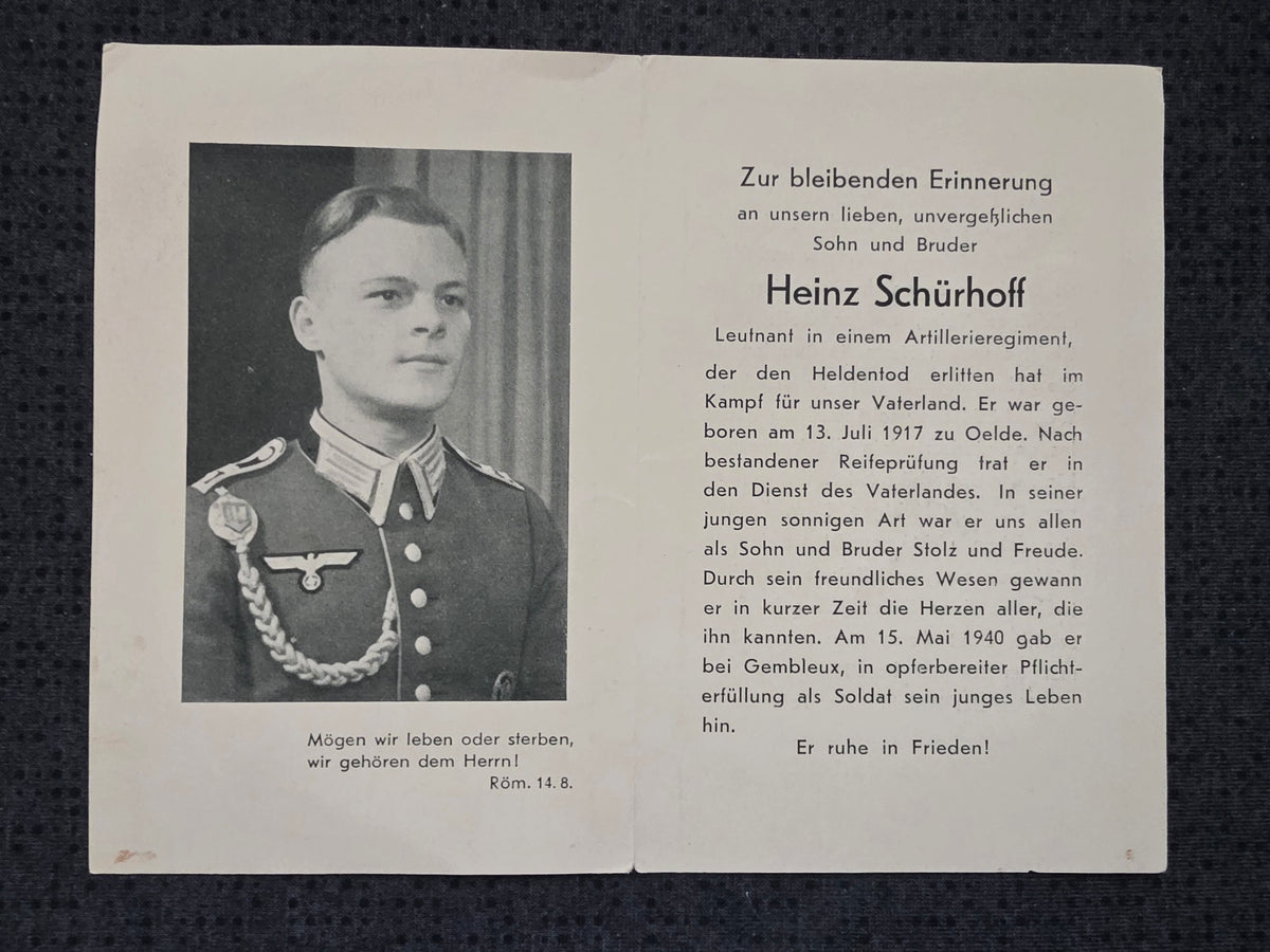 Sterbebild Leutnant Odde 3. Artillerie Regt. 103 Gembloux Lommel Belgien
