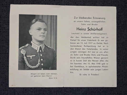 Sterbebild Leutnant Odde 3. Artillerie Regt. 103 Gembloux Lommel Belgien - www.mmilitaria.com