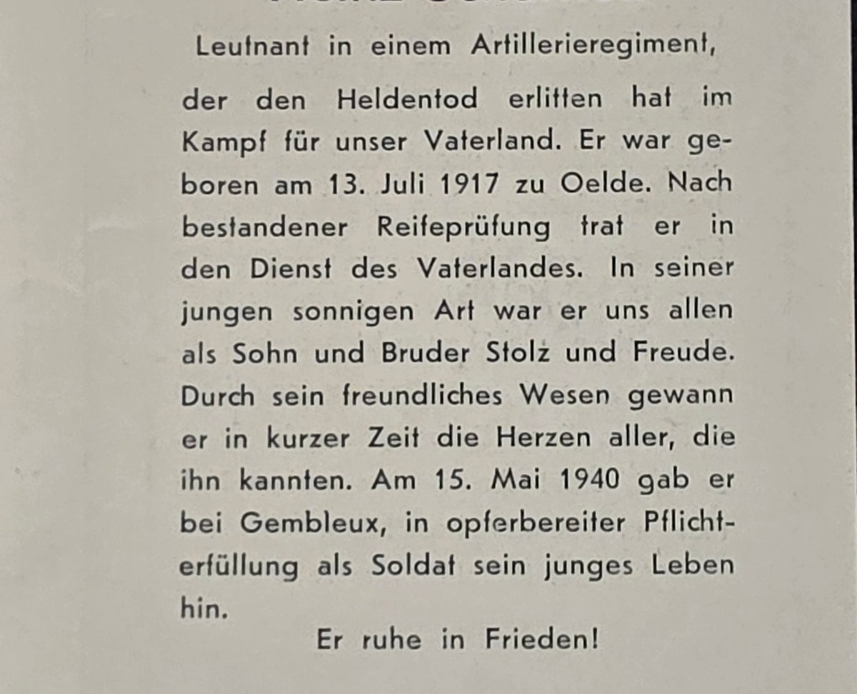 Sterbebild Leutnant Odde 3. Artillerie Regt. 103 Gembloux Lommel Belgien