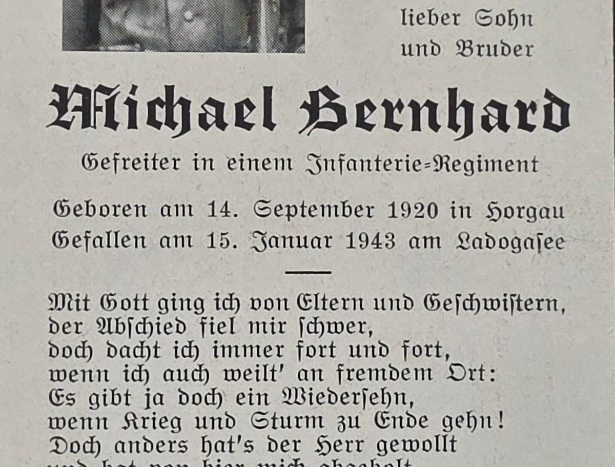 Sterbebild Gefreiter Horgau 6. Komp. Gren. Regt. 287 Possjolok Ladogasee Russland