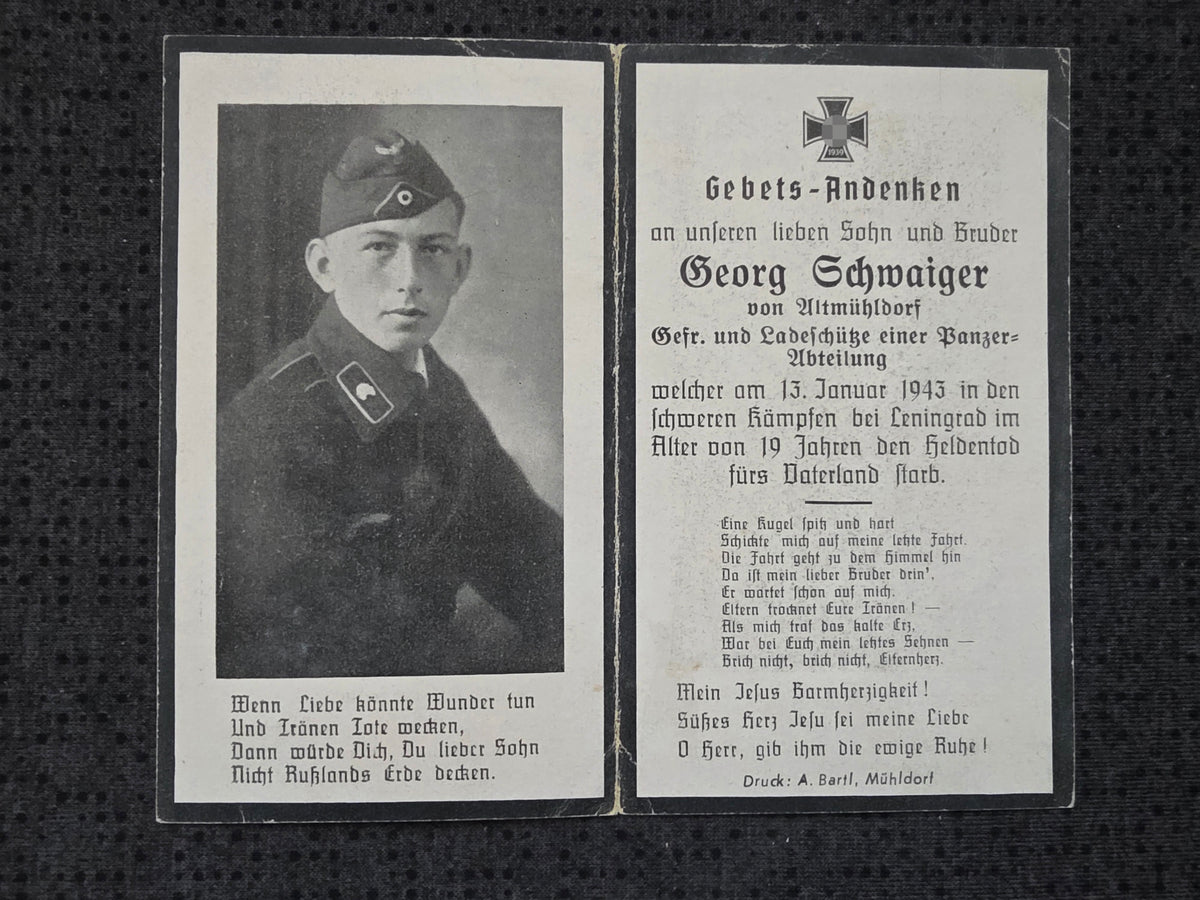 Sterbebild Gefreiter Altmühldorf Ladeschütze Stab Panzer Abt. 502 Leningrad Russland
