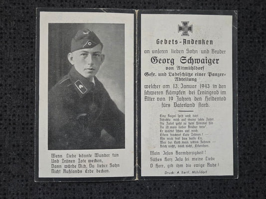 Sterbebild Gefreiter Altmühldorf Ladeschütze Stab Panzer Abt. 502 Leningrad Russland - www.mmilitaria.com