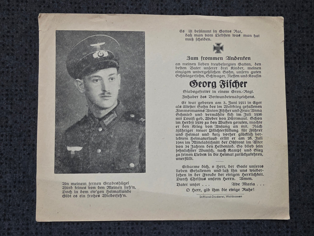 Sterbebild Stabsgefreiter Eger Grenadier Regt. Mittelabschnitt Ostfront