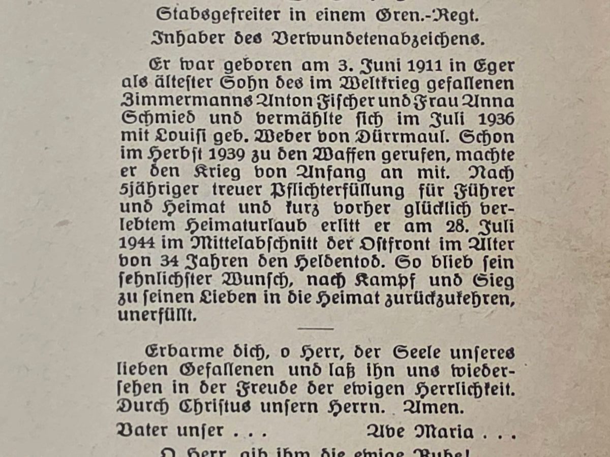 Sterbebild Stabsgefreiter Eger Grenadier Regt. Mittelabschnitt Ostfront
