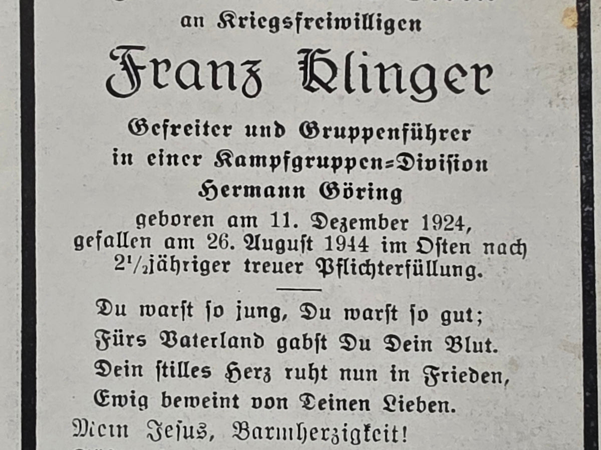 Sterbebild Gefreiter Gruppenführer Kampfgruppen-Division "Hermann Göring" HG Osten