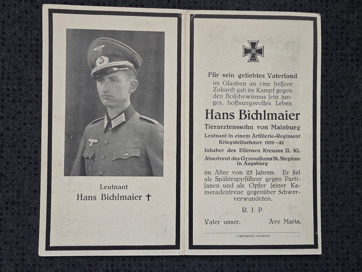 Sterbebild Leutnant Mainburg Stab Artillerie Regt. 330 Partisanenkampf Dedewo Russland