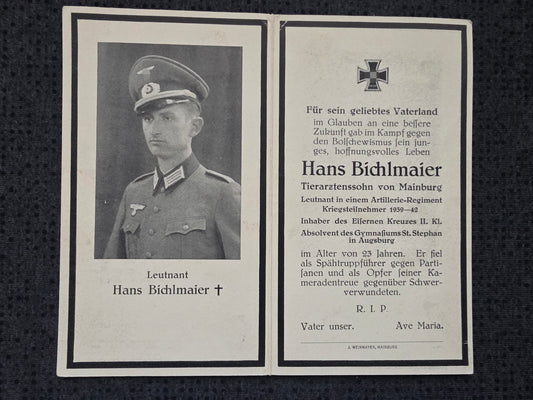 Sterbebild Leutnant Mainburg Stab Artillerie Regt. 330 Partisanenkampf Dedewo Russland