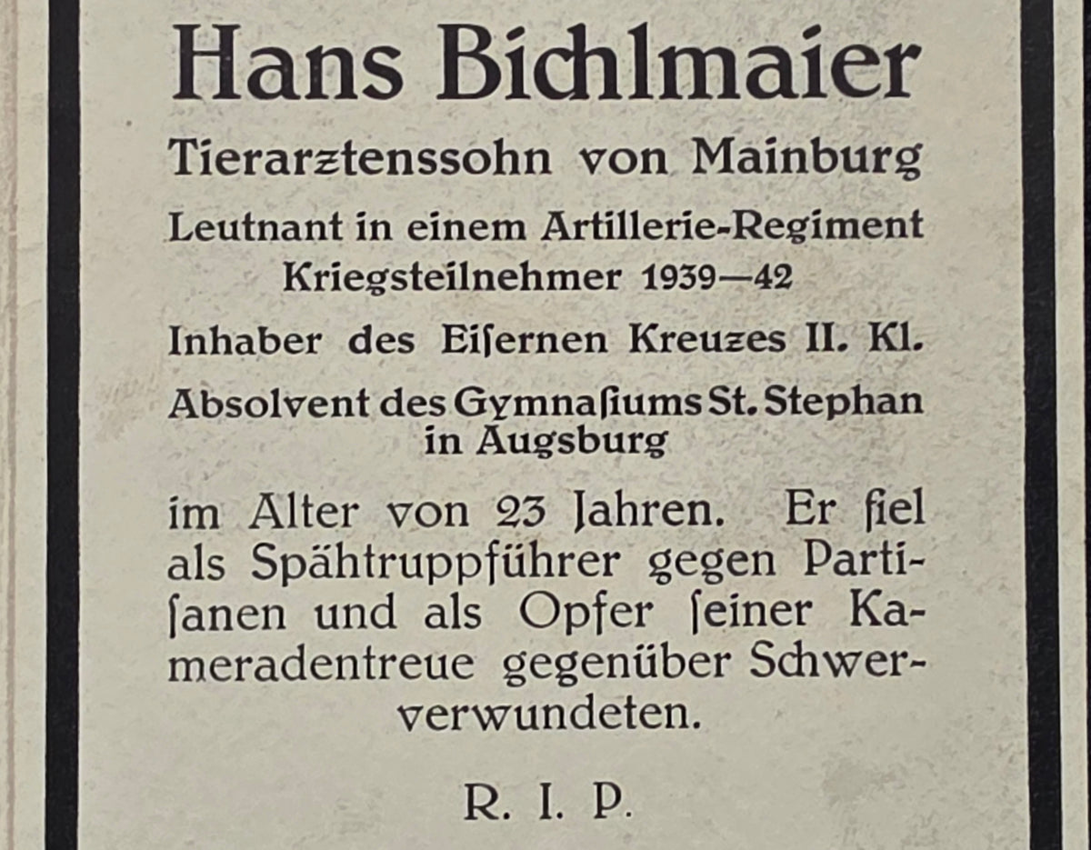 Sterbebild Leutnant Mainburg Stab Artillerie Regt. 330 Partisanenkampf Dedewo Russland