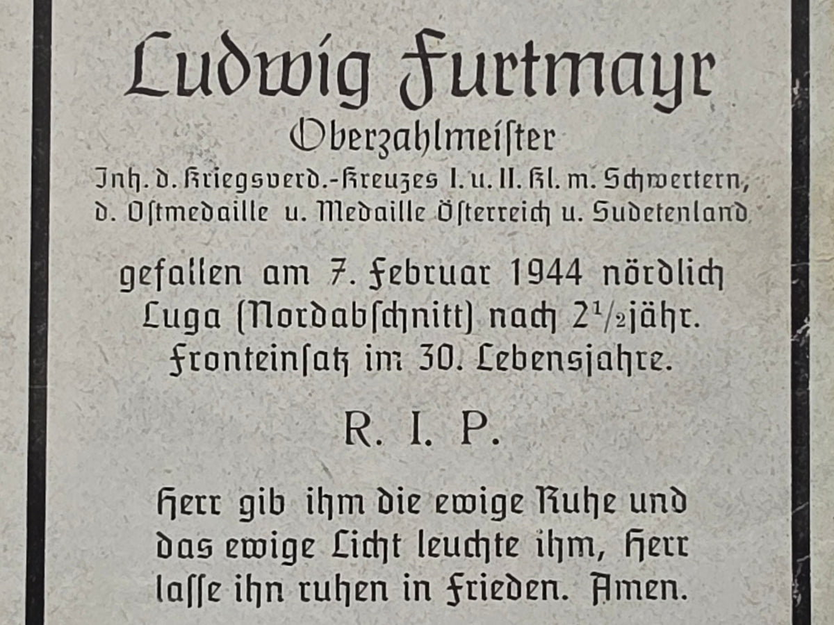Sterbebild Stabszahlmeister Webling Sudetenlandmedaille Sitenka nördl. Luga Russland