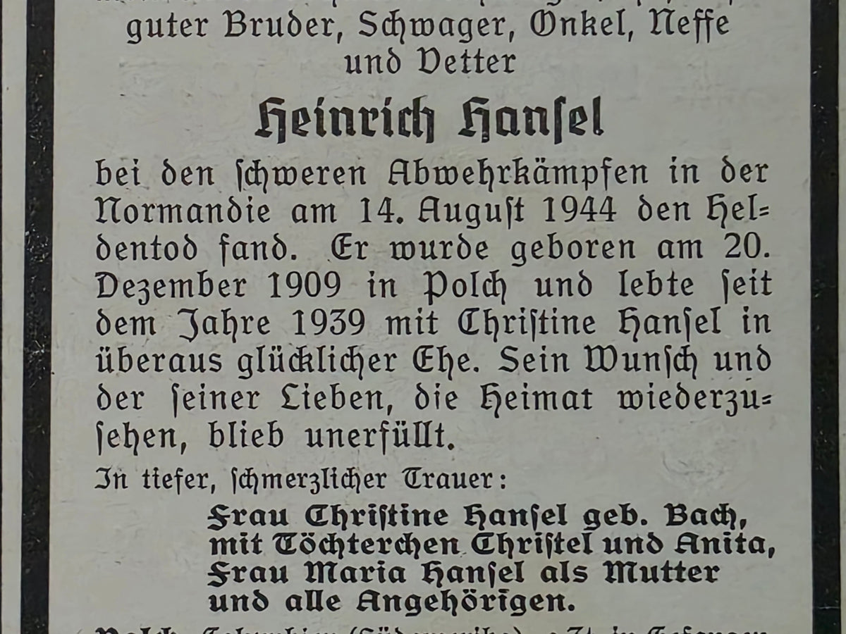 Sterbebild Gefreiter Polch schwere Abwehrkämpfe Normandie Frankreich