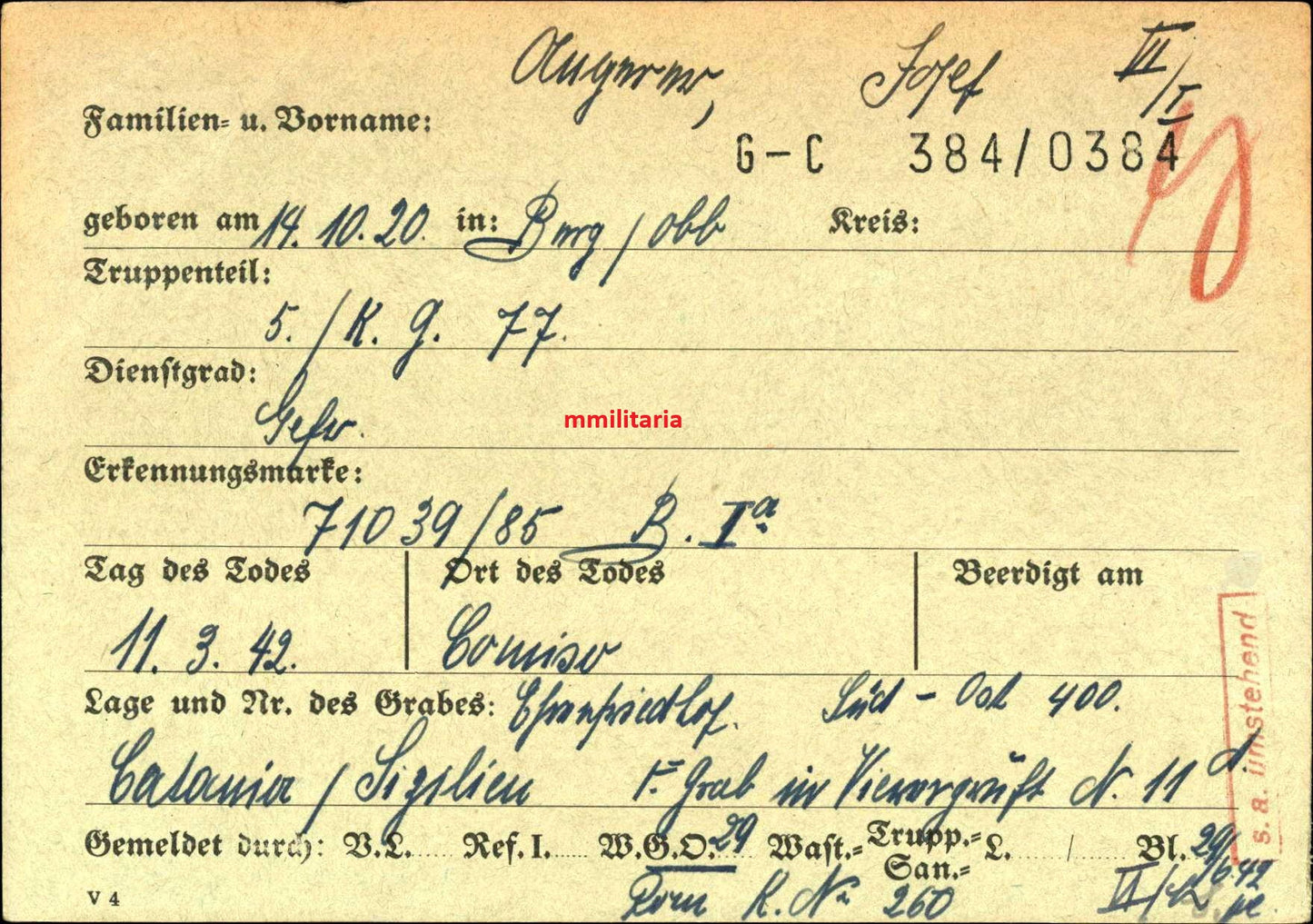 Sterbebild Gefreiter Berg Bordschütze 5./KG-77 Comiso Motta S.Anastasia Italien