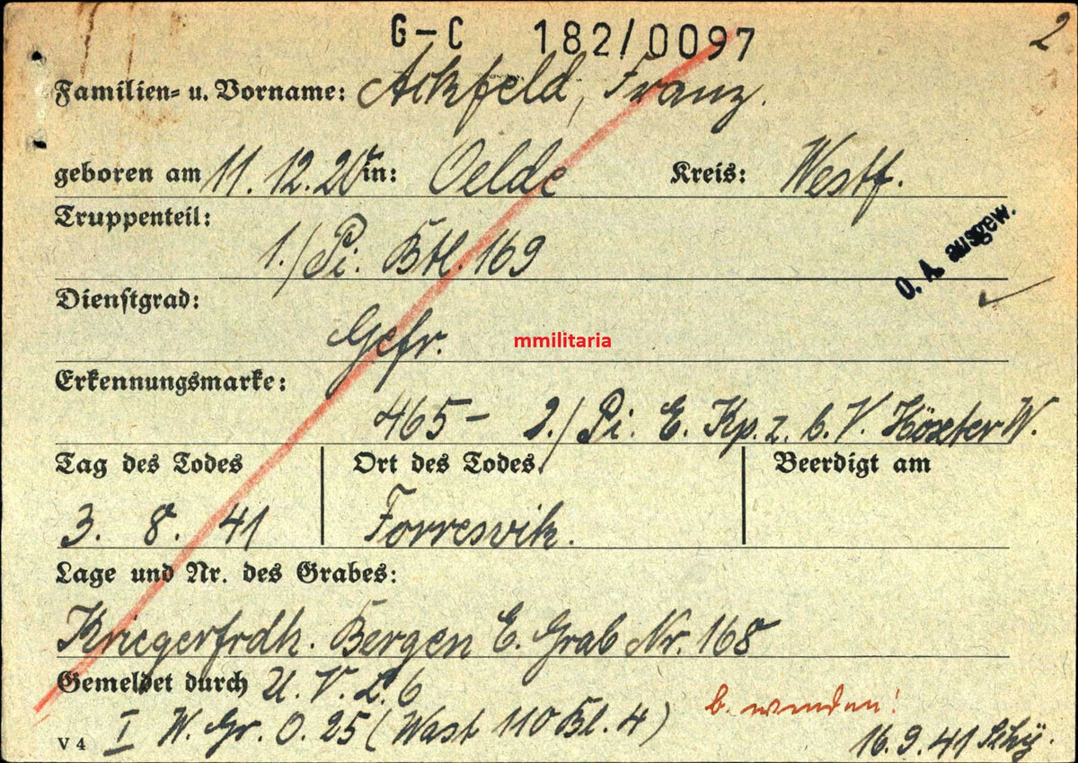 Sterbebild Gefreiter Oelde 1. Pionier Btl. 169 Foresvik Haugesund Bergen Norwegen