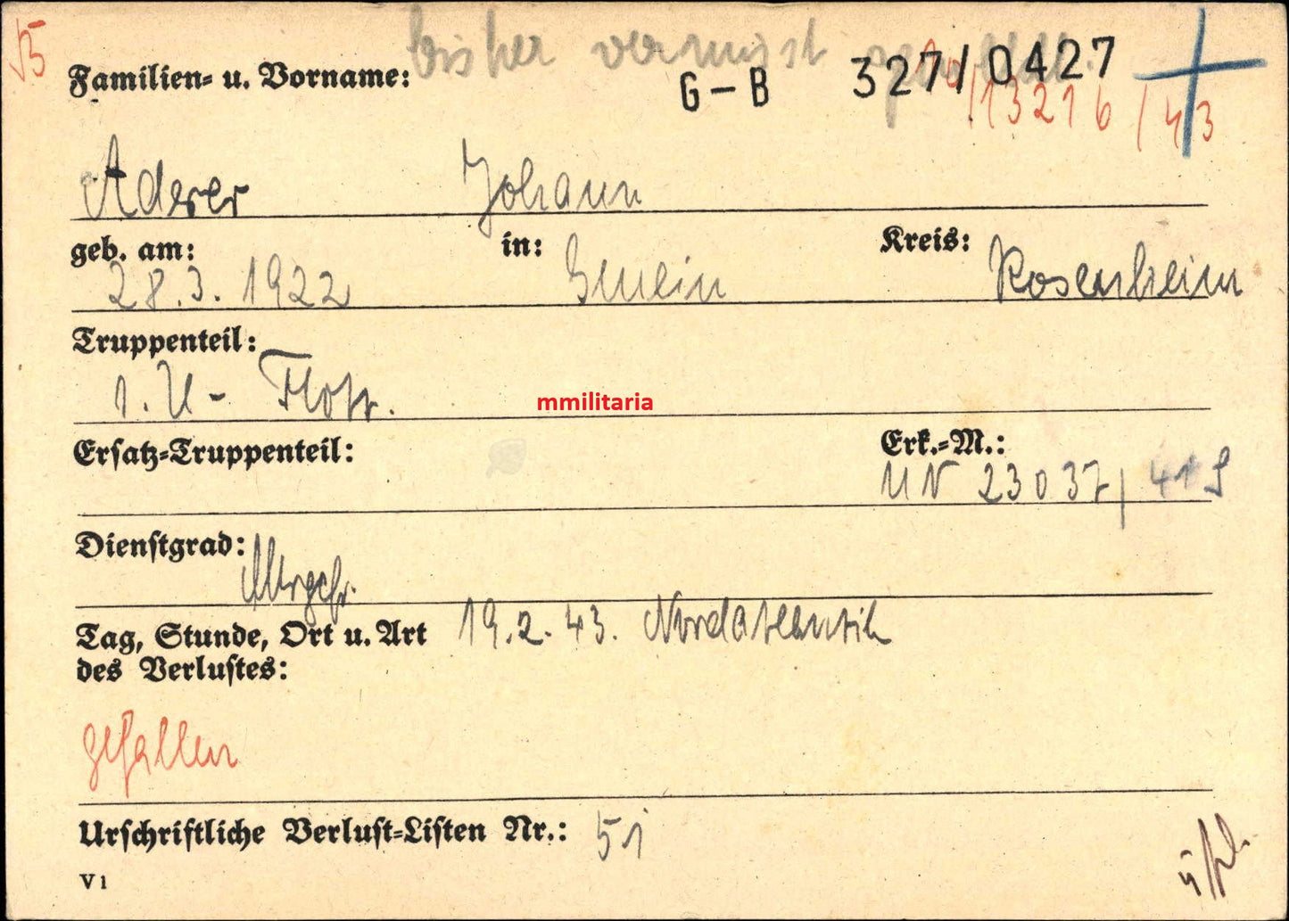 Sterbebild MatrGefr Rosenheim 1. U-Flottille U-Boot 268 (VII C) Biskaya Atlantik Frankreich