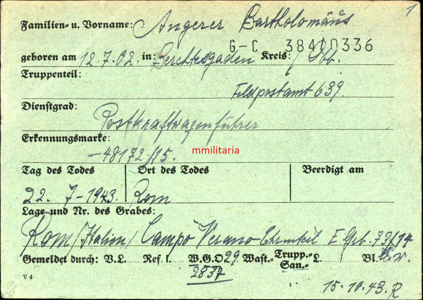 Sterbebild SS-Rottenführer Feldwebel Postkraftwagenführer Feldpostamt 639 Korsika Rom Pomezia Italien