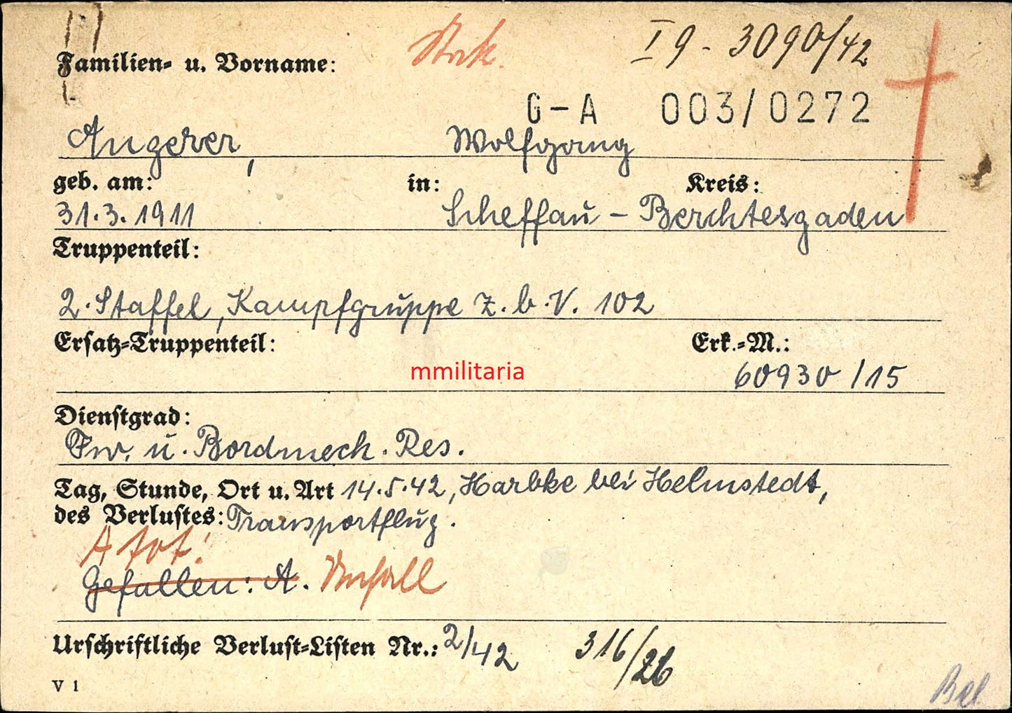 Sterbebild Feldwebel Oberstein-Scheffau 2. Staffel Kampfgruppe Z B V 102 Narvikschild Helmstedt