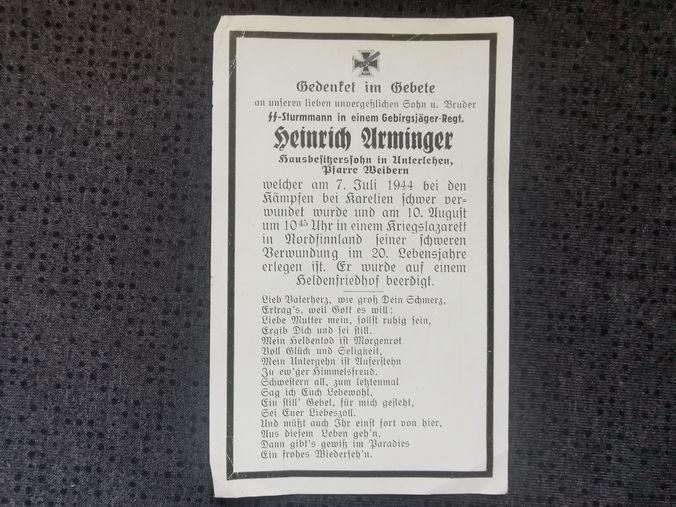 Sterbebild SS-Sturmmann Unterlehen Gebirgsjäger Regt. Karelien Rovaniemi-Norvajaervi Finnland