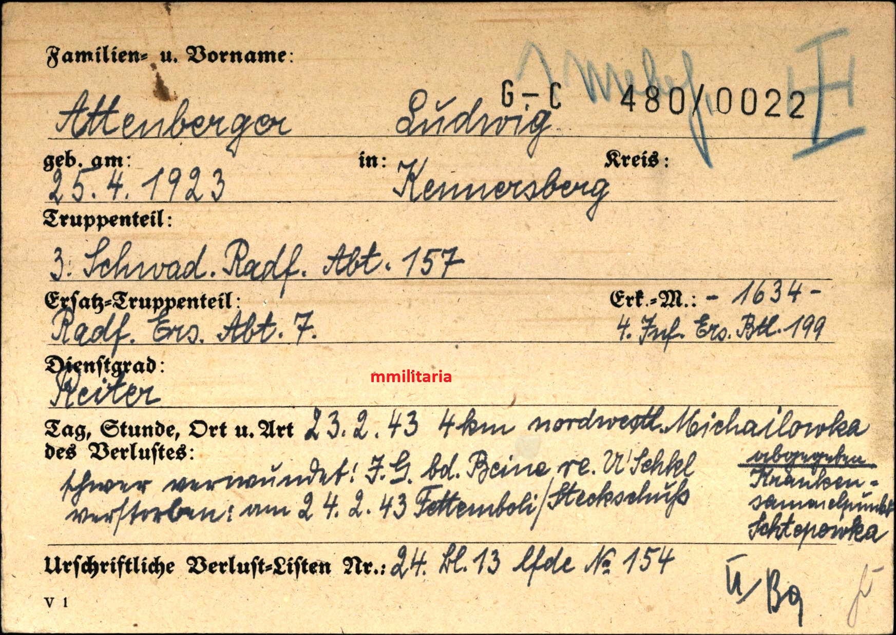 Sterbebild Reiter Eggenfelden 3. Schwadron Radfahr-Abt. 157 Nahkampf Michailowka Russland - www.mmilitaria.com